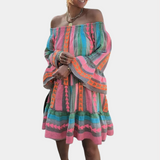 Vestido de mujer - Hombros descubiertos - Mangas largas acampanadas - Corte bohemio fluido