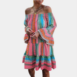 Vestido de mujer - Hombros descubiertos - Mangas largas acampanadas - Corte bohemio fluido