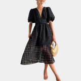 Vestido de mujer - Corte en A - Largo midi - Mangas abullonadas - Escote en pico pronunciado