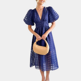 Vestido de mujer - Corte en A - Largo midi - Mangas abullonadas - Escote en pico pronunciado