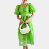 Vestido de mujer - Corte en A - Largo midi - Mangas abullonadas - Escote en pico pronunciado