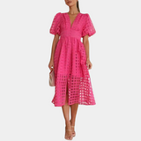 Vestido de mujer - Corte en A - Largo midi - Mangas abullonadas - Escote en pico pronunciado