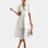 Vestido de mujer - Corte en A - Largo midi - Mangas abullonadas - Escote en pico pronunciado