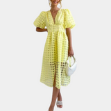 Vestido de mujer - Corte en A - Largo midi - Mangas abullonadas - Escote en pico pronunciado