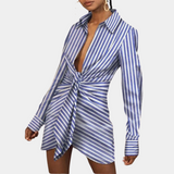 Vestido camisero para mujer - Cuello en V - Mangas largas - Elegante drapeado asimétrico