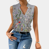 Blusa sin mangas para mujer - Cuello en V cruzado - Tejido ligero - Elegante estampado floral