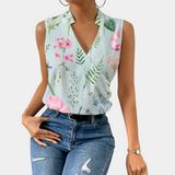 Blusa sin mangas para mujer - Cuello en V cruzado - Tejido ligero - Elegante estampado floral