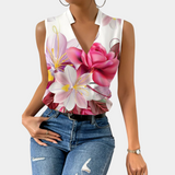 Blusa sin mangas para mujer - Cuello en V cruzado - Tejido ligero - Elegante estampado floral