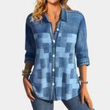Blusa de mujer - Mangas 3/4 - Cuello clásico - Botones - Corte holgado con patchwork