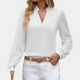Blusa de mujer - Escote en V con abertura - Mangas largas transparentes - Corte elegante y fluido