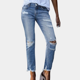 Vaqueros ajustados para mujer - Cintura clásica - Efecto desgastado y bajo deshilachado - Estilo casual