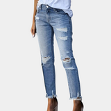 Vaqueros ajustados para mujer - Cintura clásica - Efecto desgastado y bajo deshilachado - Estilo casual