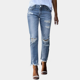 Vaqueros ajustados para mujer - Cintura clásica - Efecto desgastado y bajo deshilachado - Estilo casual