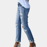 Vaqueros ajustados para mujer - Cintura clásica - Efecto desgastado y bajo deshilachado - Estilo casual