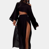 Conjunto de dos piezas para mujer: top corto holgado de manga larga y falda con abertura y cintura elástica.