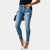 Vaqueros ajustados para mujer - Cintura alta - Botones a la vista - Denim elástico - Efecto desgastado