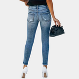 Vaqueros ajustados para mujer - Cintura alta - Botones a la vista - Denim elástico - Efecto desgastado