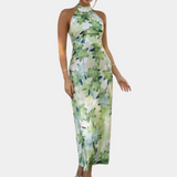 Vestido largo de mujer - Sin mangas - Cuello halter elegante - Corte entallado - Estampado floral