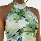 Vestido largo de mujer - Sin mangas - Cuello halter elegante - Corte entallado - Estampado floral