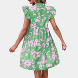 Vestido de mujer - Fluido y ligero - Estampado floral - Mangas con volantes - Cuello en V - Cintura ajustada