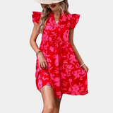 Vestido de mujer - Fluido y ligero - Estampado floral - Mangas con volantes - Cuello en V - Cintura ajustada