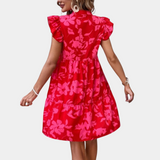 Vestido de mujer - Fluido y ligero - Estampado floral - Mangas con volantes - Cuello en V - Cintura ajustada