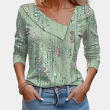 Blusa de mujer – Mangas largas – Cuello asimétrico con botones – Elegante estampado floral