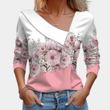 Blusa de mujer – Mangas largas – Cuello asimétrico con botones – Elegante estampado floral