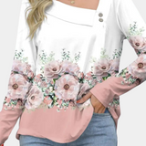 Blusa de mujer – Mangas largas – Cuello asimétrico con botones – Elegante estampado floral