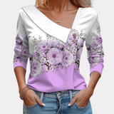 Blusa de mujer – Mangas largas – Cuello asimétrico con botones – Elegante estampado floral
