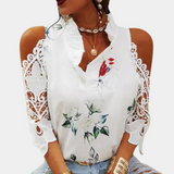 Blusa de mujer - Hombros descubiertos con encaje - Cuello con volantes - Estampado floral de mariposas - Corte holgado