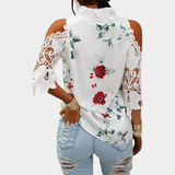 Blusa de mujer - Hombros descubiertos con encaje - Cuello con volantes - Estampado floral de mariposas - Corte holgado