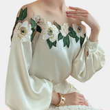 Blusa de mujer - Hombros descubiertos - Tul floral - Elegantes mangas largas abullonadas