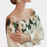 Blusa de mujer - Hombros descubiertos - Tul floral - Elegantes mangas largas abullonadas