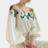Blusa de mujer - Hombros descubiertos - Tul floral - Elegantes mangas largas abullonadas