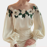 Blusa de mujer - Hombros descubiertos - Tul floral - Elegantes mangas largas abullonadas