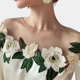 Blusa de mujer - Hombros descubiertos - Tul floral - Elegantes mangas largas abullonadas