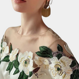 Blusa de mujer - Hombros descubiertos - Tul floral - Elegantes mangas largas abullonadas