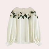 Blusa de mujer - Hombros descubiertos - Tul floral - Elegantes mangas largas abullonadas