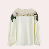 Blusa de mujer - Hombros descubiertos - Tul floral - Elegantes mangas largas abullonadas