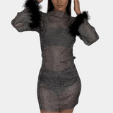 Vestido mini para mujer - Mangas largas con plumas - Estampado transparente - Traje de noche