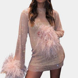Vestido mini para mujer - Mangas largas con plumas - Estampado transparente - Traje de noche