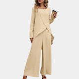 Traje de mujer – Corte relajado – Pantalón ancho – Top asimétrico – Tejido de lujo