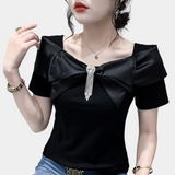 Blusa de mujer - Escote cuadrado - Lazo grande - Mangas cortas - Corte entallado elegante