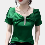 Blusa de mujer - Escote cuadrado - Lazo grande - Mangas cortas - Corte entallado elegante