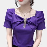 Blusa de mujer - Escote cuadrado - Lazo grande - Mangas cortas - Corte entallado elegante