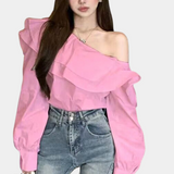 Blusa de mujer - Hombros descubiertos - Volantes elegantes - Mangas largas y sueltas