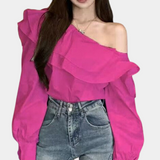 Blusa de mujer - Hombros descubiertos - Volantes elegantes - Mangas largas y sueltas