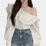 Blusa de mujer - Hombros descubiertos - Volantes elegantes - Mangas largas y sueltas