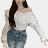 Blusa de mujer - Hombros descubiertos - Volantes elegantes - Mangas largas y sueltas
